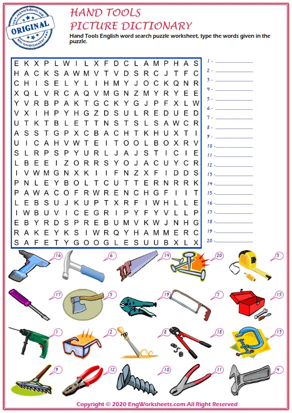 Hand Tools English word search puzzle worksheet, type the words given in the puzzle.