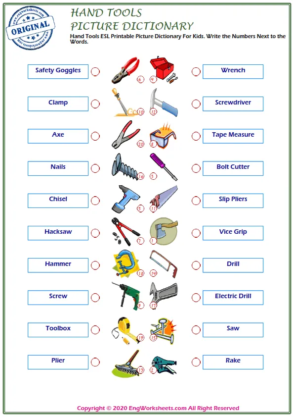 Hand Tools ESL Printable Picture Dictionary For Kids. Write the Numbers Next to the Words.