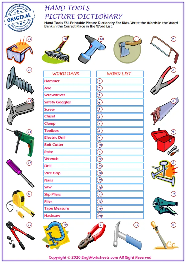 Hand Tools ESL Printable Picture Dictionary For Kids. Write the Words in the Word Bank in the Correct Place in the Word List.