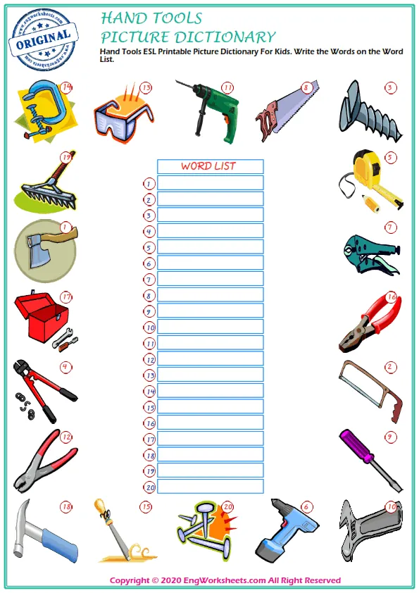 Hand Tools ESL Printable Picture Dictionary For Kids. Write the Words on the Word List.