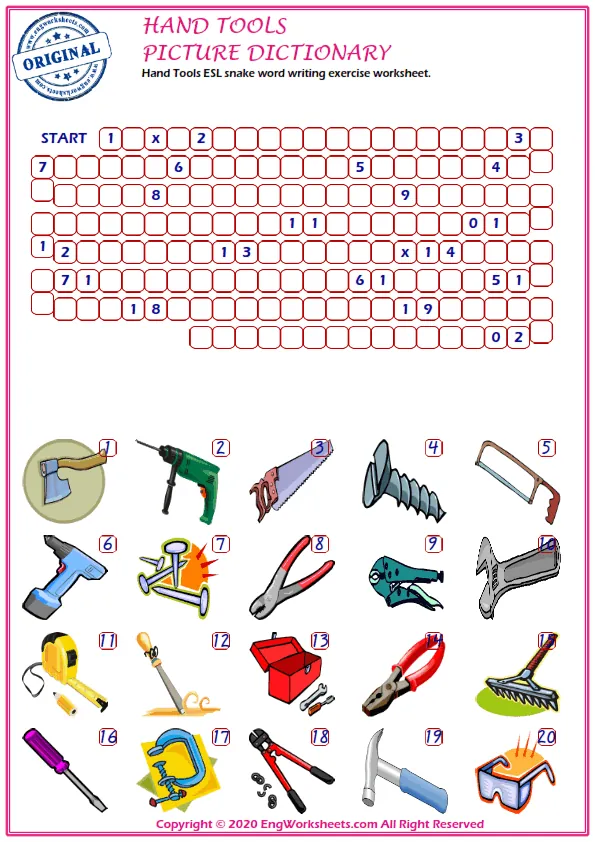 Hand Tools ESL snake word writing exercise worksheet.