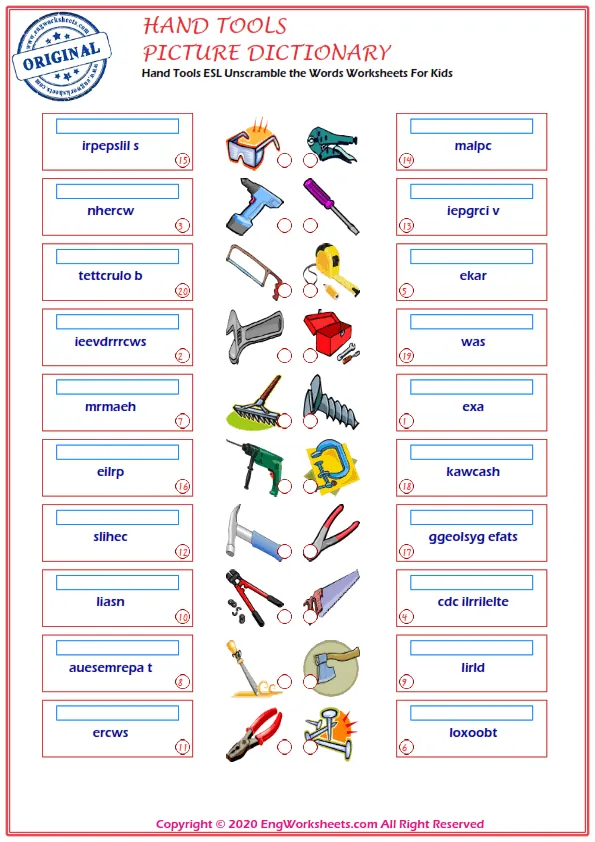 Hand Tools ESL Unscramble the Words Worksheets For Kids