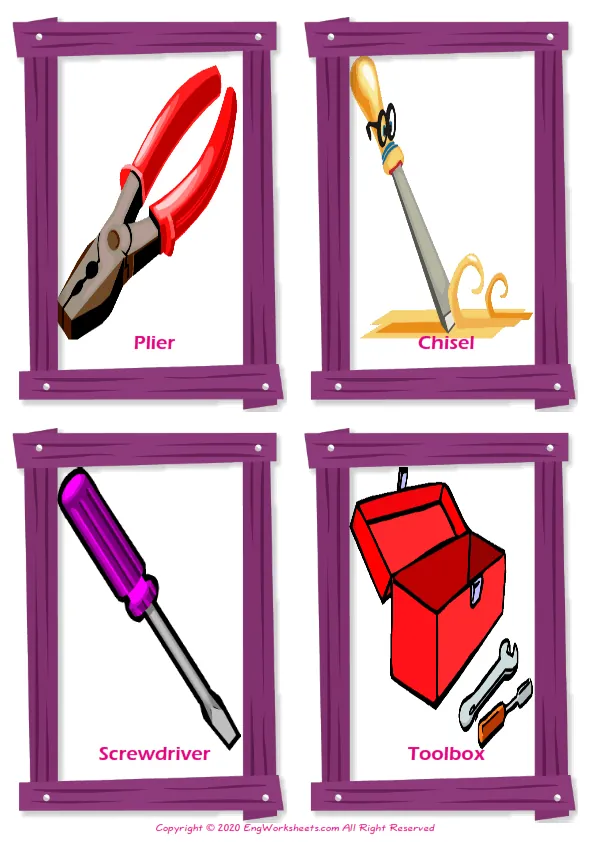 Hand Tools vocabulary worksheet with words, four images per page