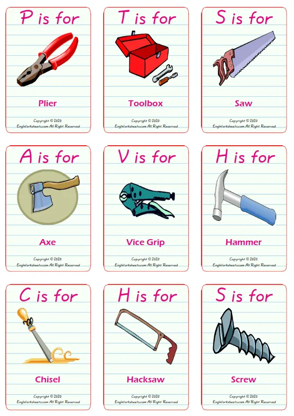 Hand Tools vocabulary worksheet with words, nine images per page