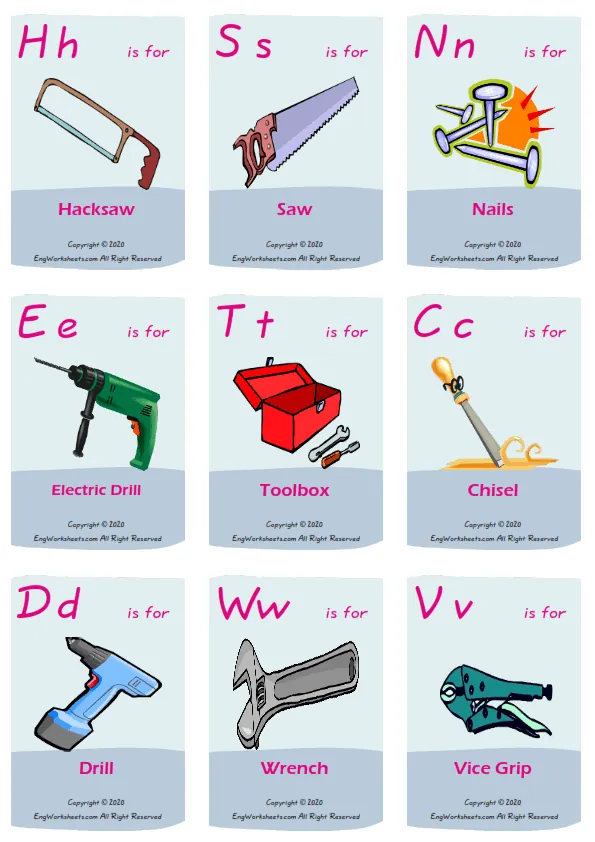 Hand Tools vocabulary worksheet with words, nine images per page