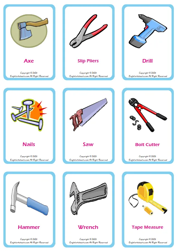 Hand Tools vocabulary worksheet with words, nine images per page