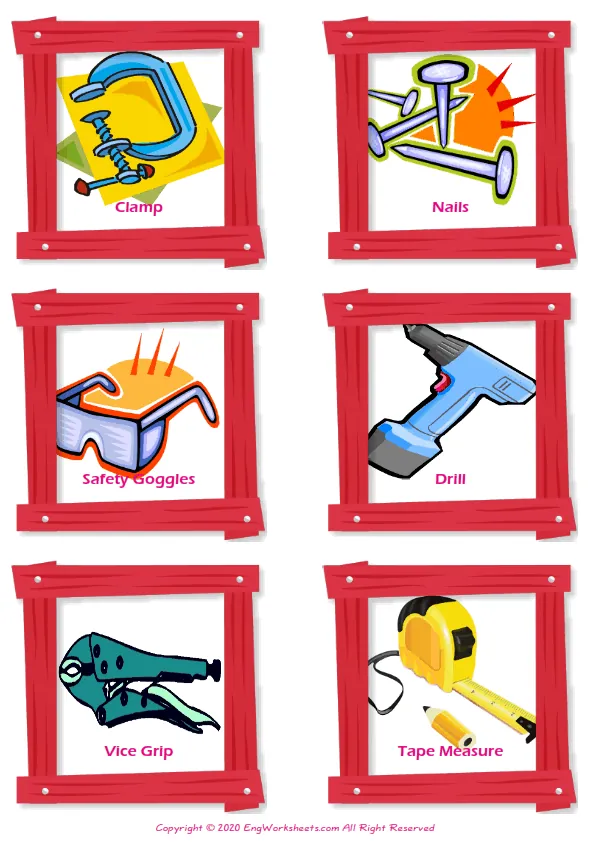 Hand Tools vocabulary worksheet with words, six images per page