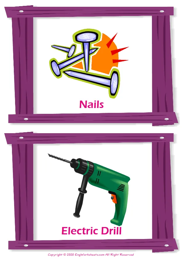 Hand Tools vocabulary worksheet with words, two images per page