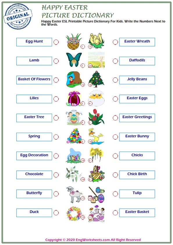 Happy Easter ESL Printable Picture Dictionary For Kids. Write the Numbers Next to the Words.