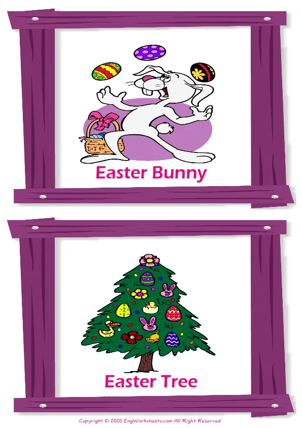 Happy Easter vocabulary worksheet with words, two images per page