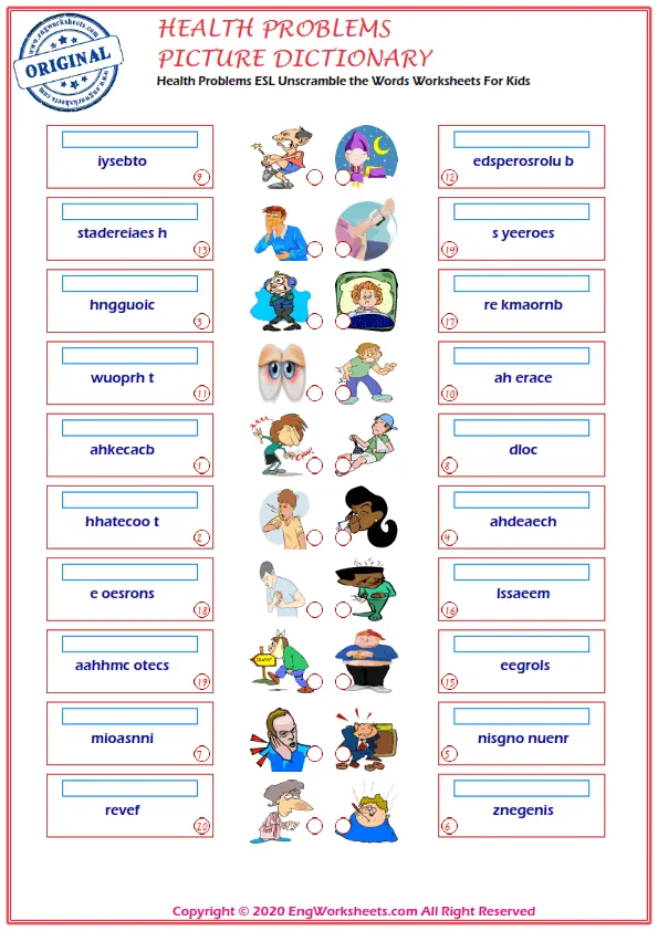 Health Problems ESL Unscramble the Words Worksheets For Kids