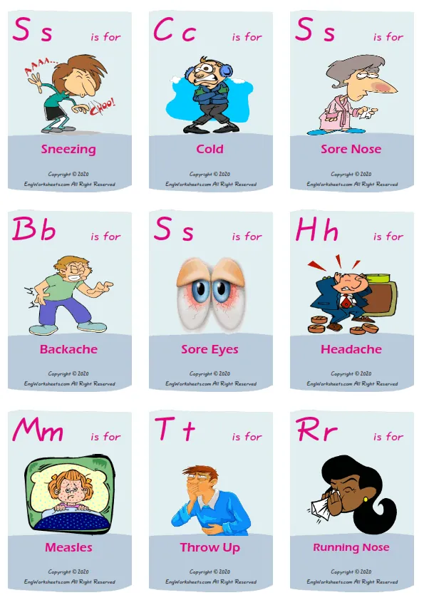 Health Problems vocabulary worksheet with words, nine images per page