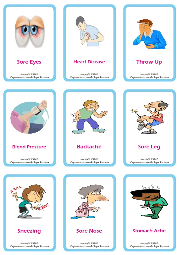 Health Problems vocabulary worksheet with words, nine images per page