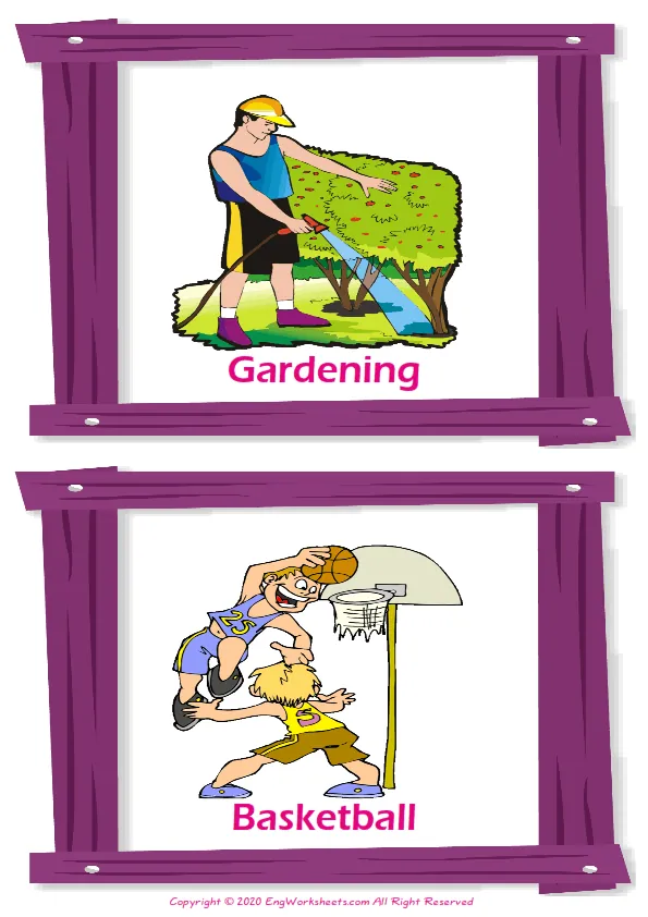 Hobbies vocabulary worksheet with words, two images per page