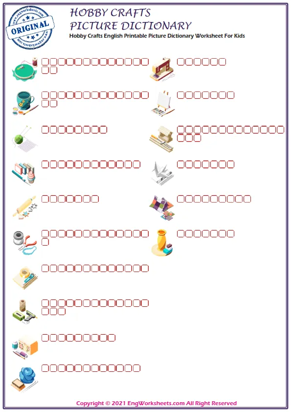 Hobby Crafts English Printable Picture Dictionary Worksheet For Kids