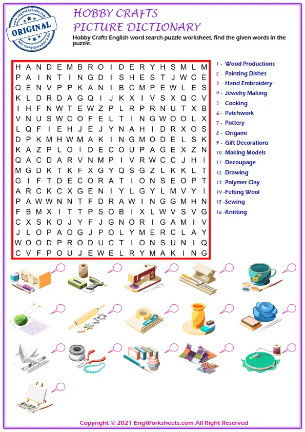 Hobby Crafts English word search puzzle worksheet, find the given words in the puzzle.