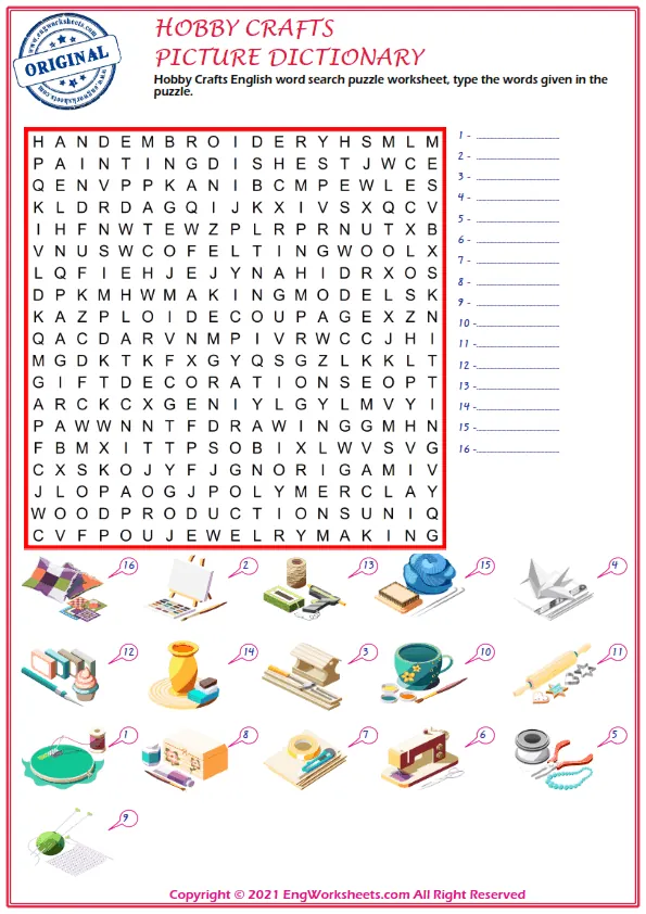 Hobby Crafts English word search puzzle worksheet, type the words given in the puzzle.