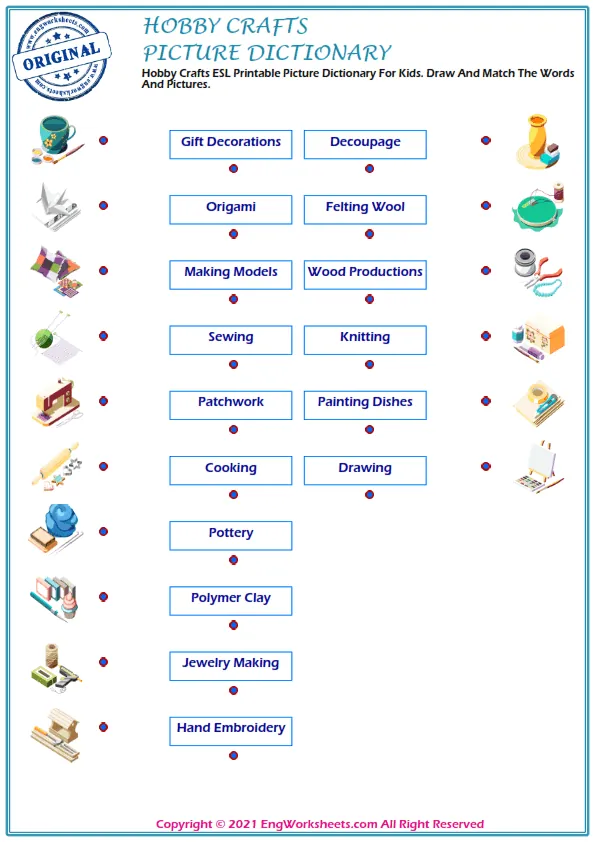 Hobby Crafts ESL Printable Picture Dictionary For Kids. Draw And Match The Words And Pictures.