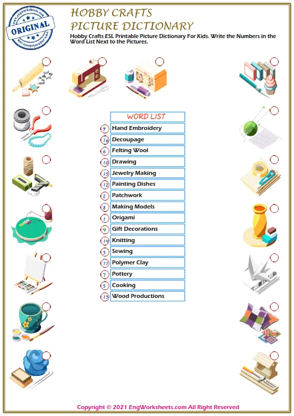 Hobby Crafts ESL Printable Picture Dictionary For Kids. Write the Numbers in the Word List Next to the Pictures.