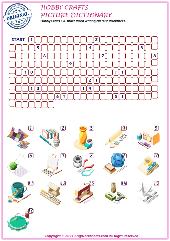 Hobby Crafts ESL snake word writing exercise worksheet.