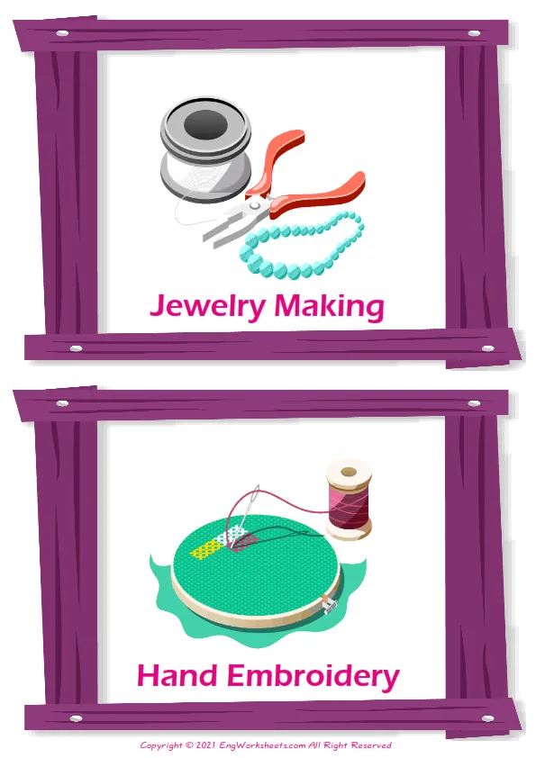 Hobby Crafts vocabulary worksheet with words, two images per page