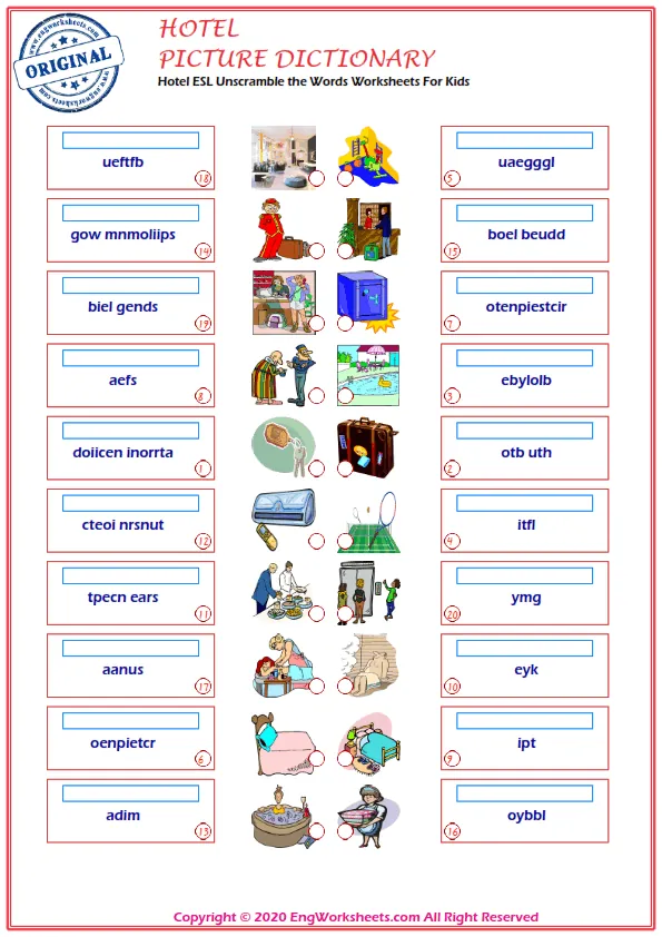 Hotel ESL Unscramble the Words Worksheets For Kids