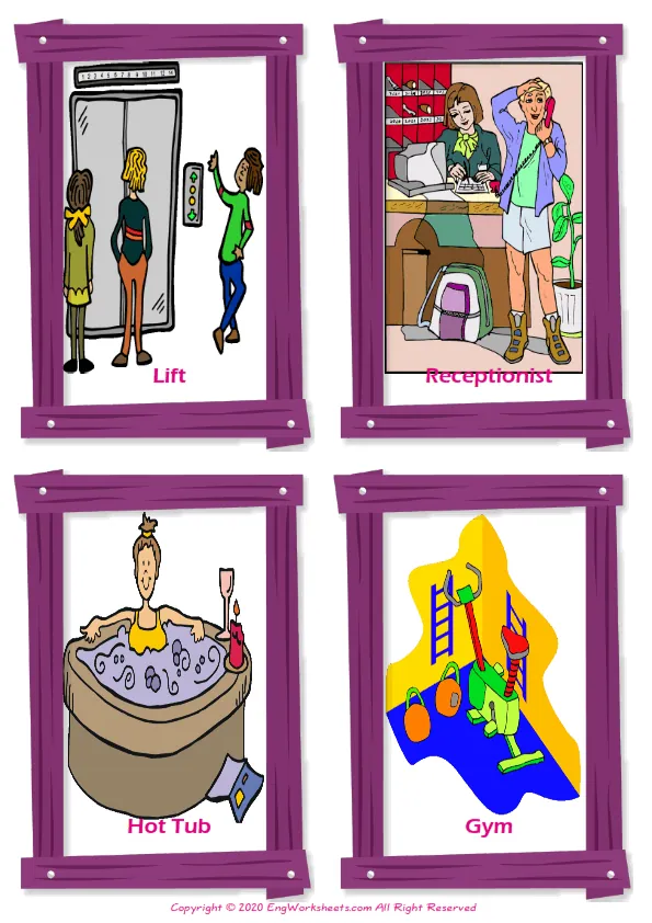 Hotel vocabulary worksheet with words, four images per page
