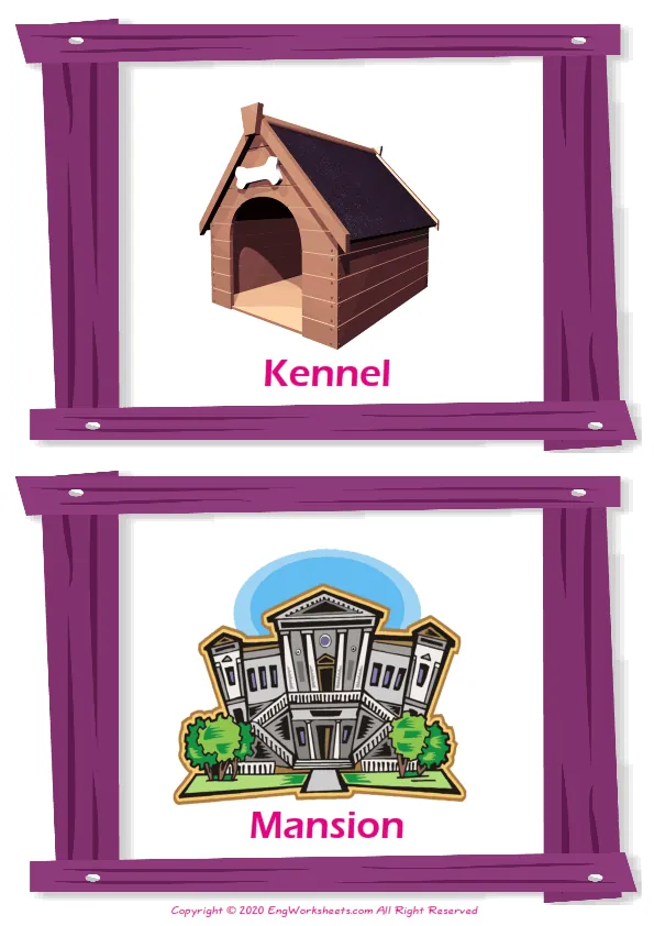 Houses Homes vocabulary worksheet with words, two images per page