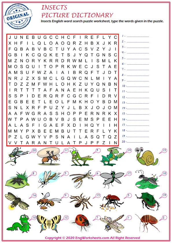Insects English word search puzzle worksheet, type the words given in the puzzle.