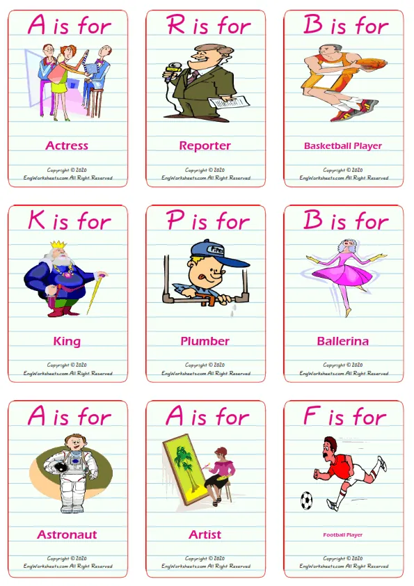 Jobs Occupations vocabulary worksheet with words, nine images per page
