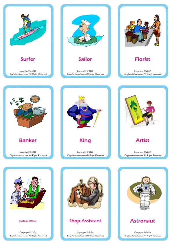 Jobs Occupations vocabulary worksheet with words, nine images per page