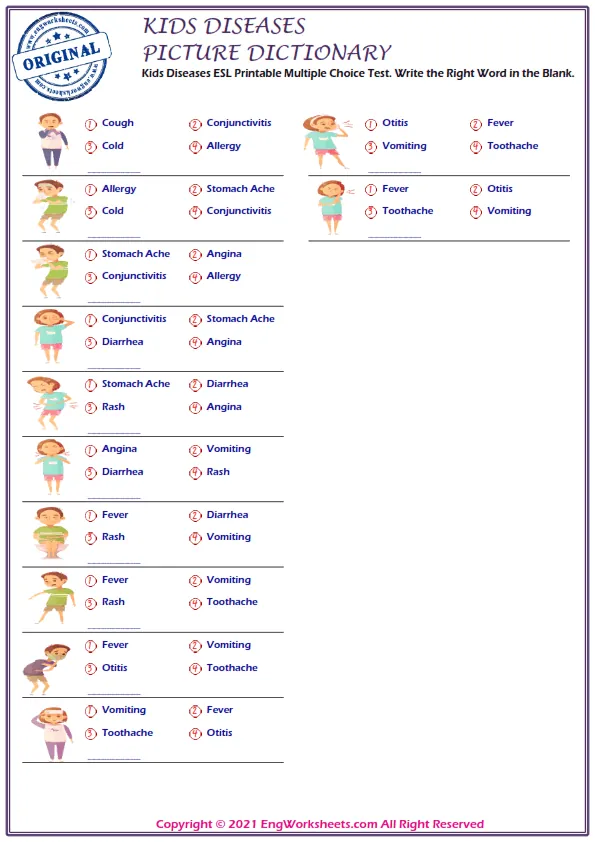 Kids Diseases ESL Printable Multiple Choice Test. Write the Right Word in the Blank.