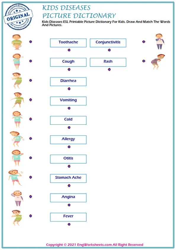Kids Diseases ESL Printable Picture Dictionary For Kids. Draw And Match The Words And Pictures.