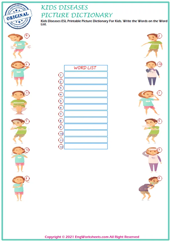 Kids Diseases ESL Printable Picture Dictionary For Kids. Write the Words on the Word List.
