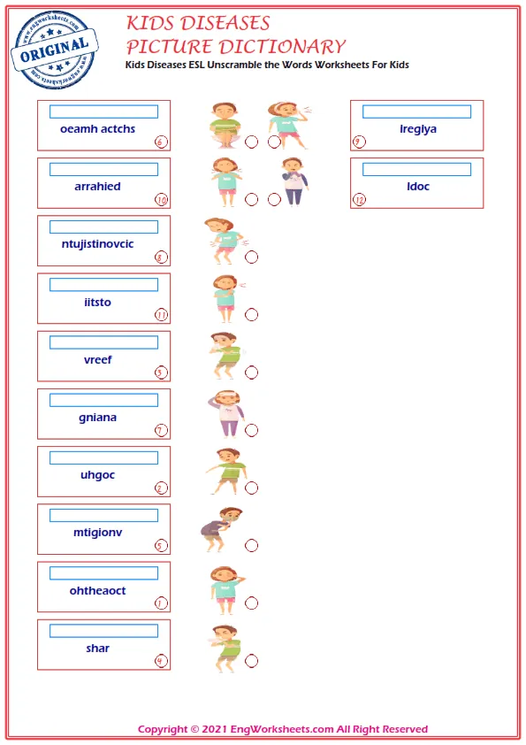 Kids Diseases ESL Unscramble the Words Worksheets For Kids