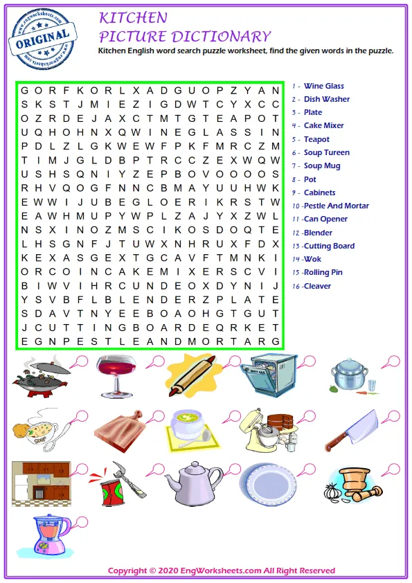 Kitchen English word search puzzle worksheet, find the given words in the puzzle.