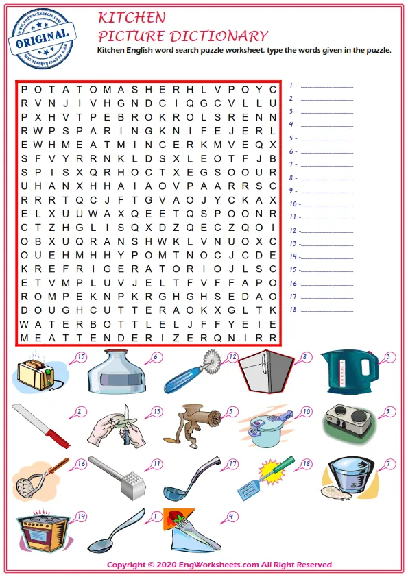 Kitchen English word search puzzle worksheet, type the words given in the puzzle.