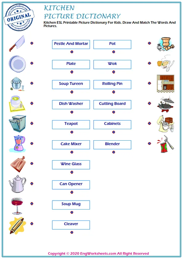 Kitchen ESL Printable Picture Dictionary For Kids. Draw And Match The Words And Pictures.