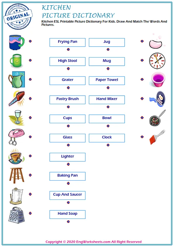 Kitchen ESL Printable Picture Dictionary For Kids. Draw And Match The Words And Pictures.