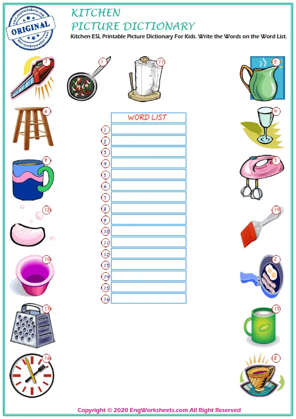 Kitchen ESL Printable Picture Dictionary For Kids. Write the Words on the Word List.