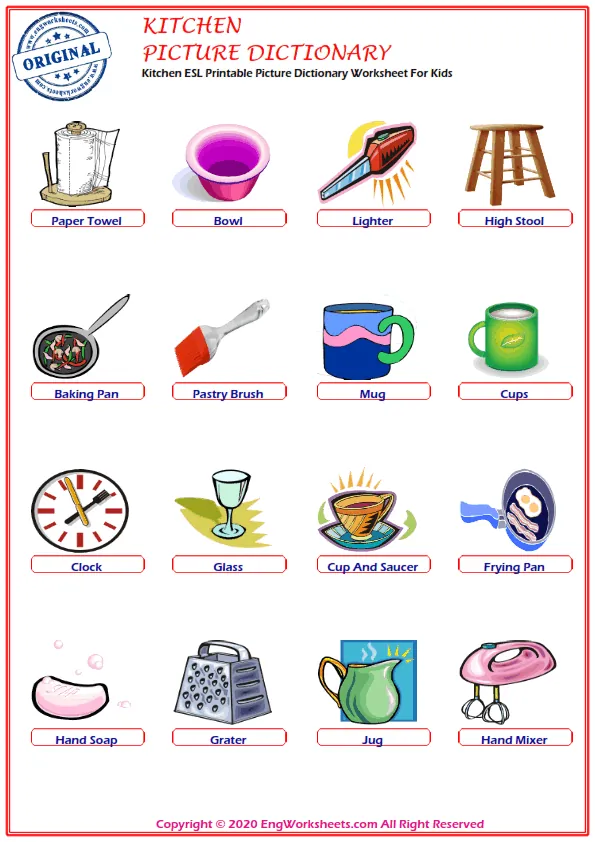 Kitchen ESL Printable Picture Dictionary Worksheet For Kids