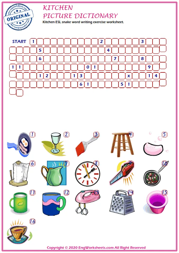 Kitchen ESL snake word writing exercise worksheet.