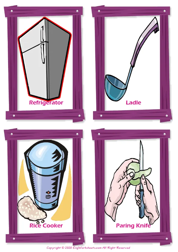 Kitchen vocabulary worksheet with words, four images per page