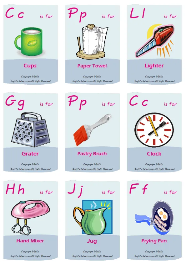 Kitchen vocabulary worksheet with words, nine images per page
