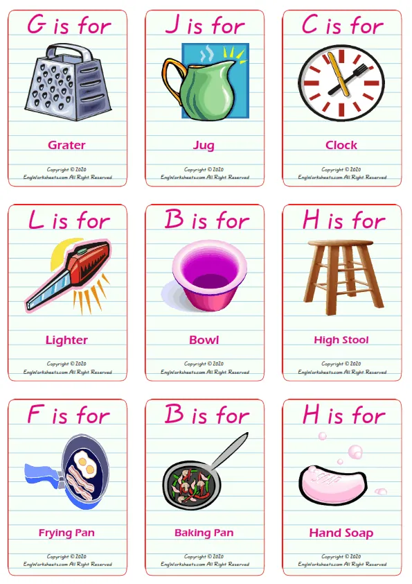Kitchen vocabulary worksheet with words, nine images per page