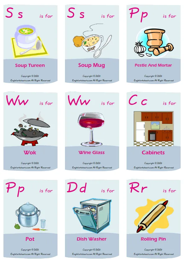 Kitchen vocabulary worksheet with words, nine images per page