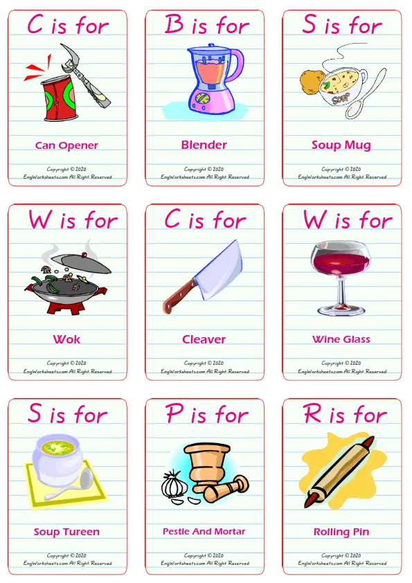 Kitchen vocabulary worksheet with words, nine images per page