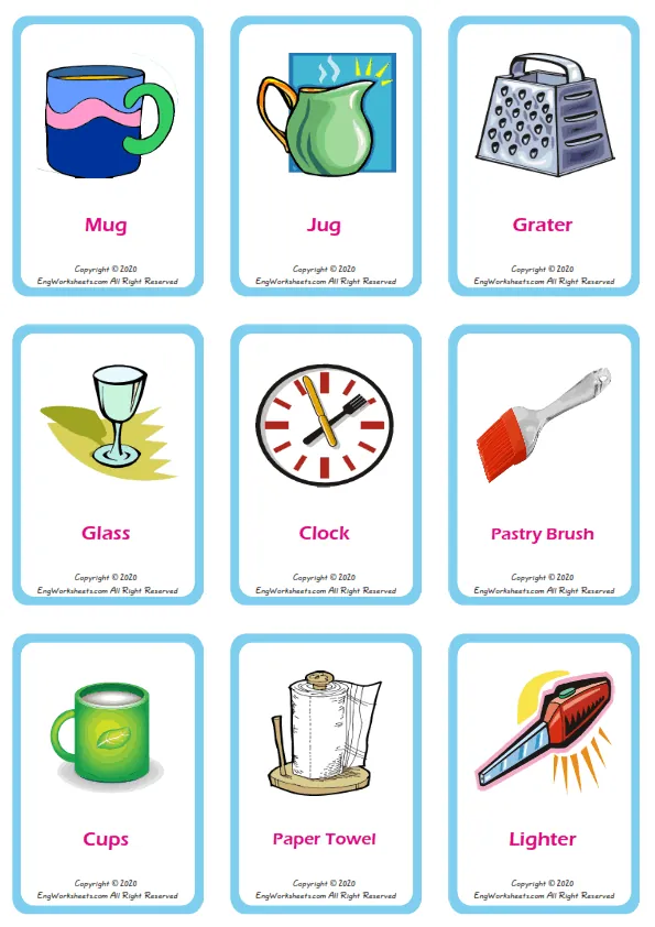 Kitchen vocabulary worksheet with words, nine images per page