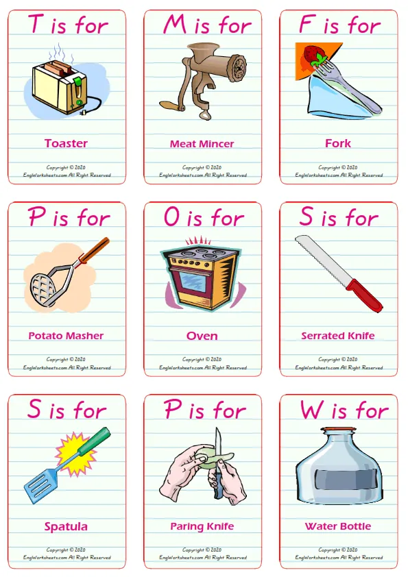 Kitchen vocabulary worksheet with words, nine images per page