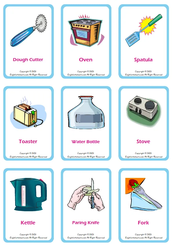 Kitchen vocabulary worksheet with words, nine images per page